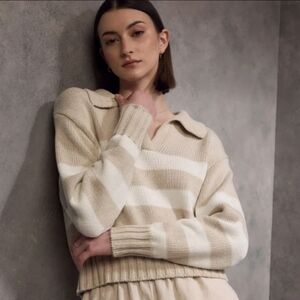 Quince 100% Organic Cotton Cropped Polo Sweater Beige Striped Fishman Sz S